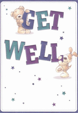 This delightful get well card evokes a sense of playful healing that resonates with the caring heart of Chase Cross. The scene features two affectionate characters-a plush teddy with a calm, smiling face perched atop the bold indigo letters spelling 'GET,' and an exuberant puppy with floppy, inviting ears snuggling against the 'WELL' below, rendered in shades of teal and purple. Around them, whimsical stars in blues and violets seem to scatter good wishes through the clean white expanse of the background, much like the uplifting feeling of a stroll past local shops or green spaces on a bright day. The charming details-softly textured fur, expressive eyes, friendly rounded shapes-evoke the comfort of a handmade bouquet created by a Chase Cross florist for a neighbour in need. The confident, vibrant typography stands out as an emblem of cheer, while the overall design glows with sincerity and warmth. Every brushstroke radiates kind intent, turning a simple card into a healing embrace, as reassuring and comforting as a familiar walk through the heart of Chase Cross. This card is an ideal companion to a bouquet sent to lift a loved one's spirits, filling both eyes and heart with hope and care.