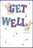 Brimming with light and comfort, this illustrated get well card is as bright and heartfelt as a bouquet from a beloved Chase Cross florist. Two engaging characters-a gentle teddy bear and a lively puppy-capture the eye and heart, each absorbed in presenting the bold, colourful message that reads 'Get Well.' The bear, rendered in plush brown tones, sits atop the indigo-painted 'GET,' while the puppy's fuzzy form glows beside the teal and purple 'WELL.' All around them, starbursts twinkle in blue and violet, conjuring the promise of hope that floats through Chase Cross on a sunny afternoon. The clean cream background enhances the feeling of freshness and care, much like the first fragrant breath upon opening a bouquet. Their expressive faces, inviting fur, and joyful energy give the scene a tactile, almost huggable quality. This card is not just an image, but a gentle message-delivered with the same thought and sincerity as every hand-crafted arrangement brought to life for the Chase Cross community.