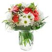 Bathed in bright, even light, this bouquet bursts with the inviting spirit of Chase Cross-vivid, welcoming, and effortlessly graceful. Spirals of coral carnations take centre stage, their ruffled petals adding an animated flair, while the purity of white daisies and multi-petaled chrysanthemums radiate optimism and calm, much like the blooming stretches of Clockhouse Gardens nearby. Scattered among these, delicate baby's breath threads soft clouds throughout, tempering bold hues with a whisper of finesse. Deep green leaves, some broad and shiny, others slender and arching, embrace the arrangement, their presence balancing vibrancy with grounded comfort. Tucked in the folds, closed magenta alstroemeria introduce promise, hinting at ever-present possibility. The bouquet is presented in a transparent glass vase-crystal-clear water amplifying the freshness of robust stems secured beneath the bloom-offering a visual story of health and vitality. Perfect for birthdays, fresh starts, or everyday joy, this Chase Cross bouquet brings warmth and brightness to any home or celebration, expertly crafted for delivery to local families and friends.